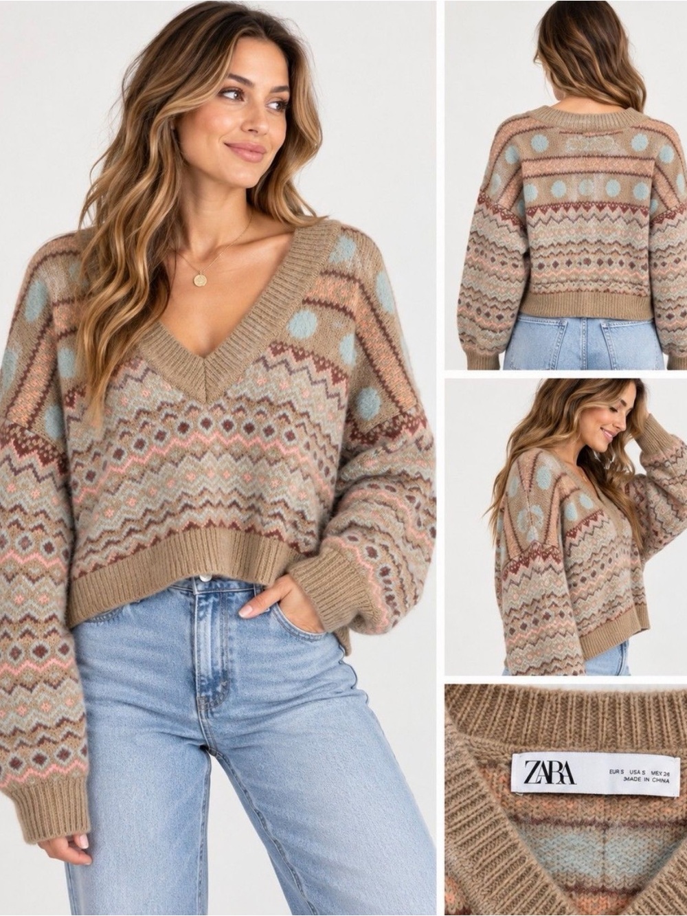 ZARA Taupe Fair Isle V-Neck Sweater with Light Blue and Cream Accents